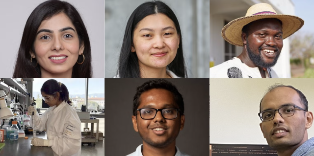 Graduate student researchers (clockwise from top left) Komal Na, Elisabeth Rothman, Kwabena Yeboah, Monsij Biswal, Vikas Kalagi and Oindrila Chatterjee are among this summer's Research Accelerator fellows.
