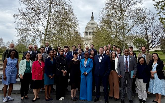 Newly elected AIMBE Fellow Dorit Hanein (center front) and colleagues met with members of Congress to advocate for biomedical research